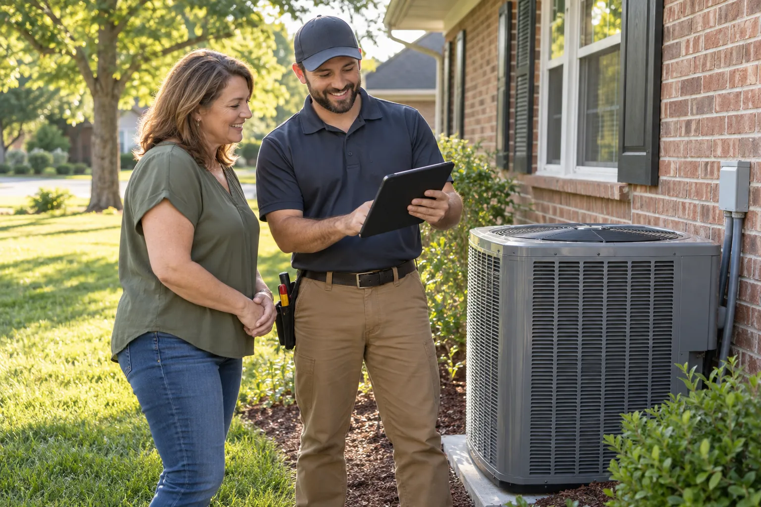 Friendly local provider and homeowner reviewing a new outdoor AC unit beside a house in Hamel