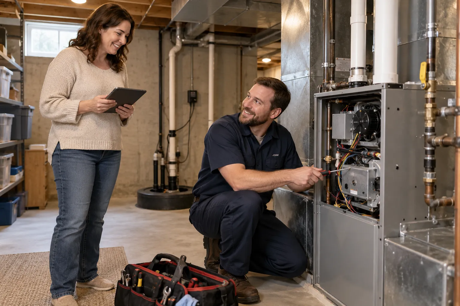 Friendly HVAC provider checking a furnace in a basement of a home in Hamel