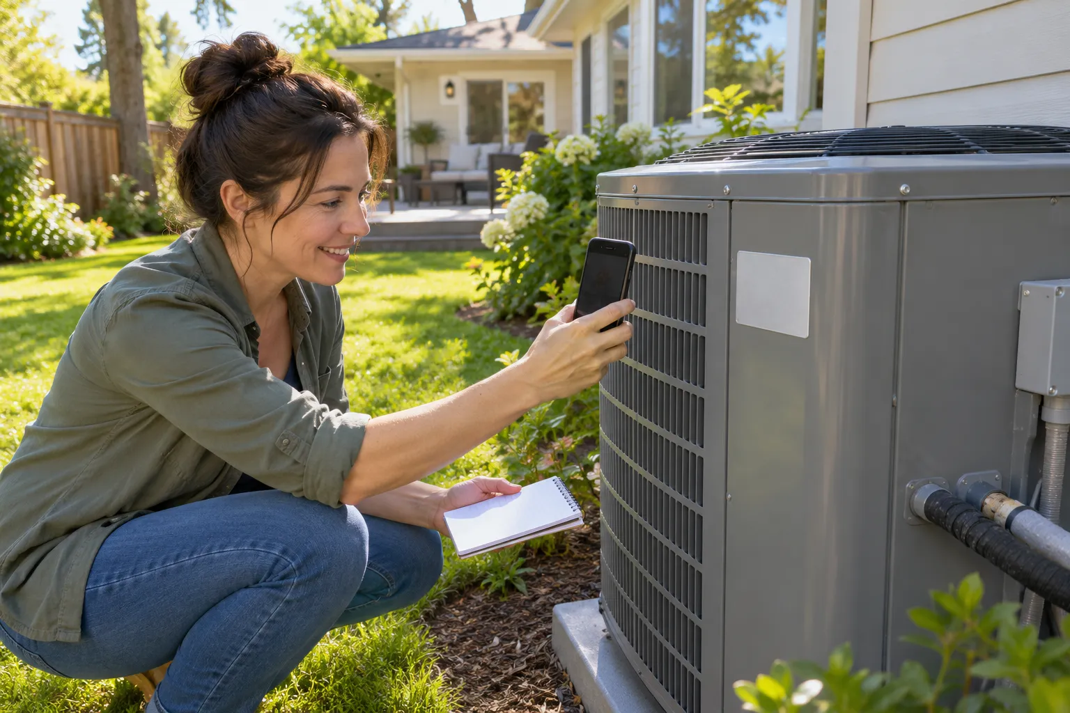 Homeowner taking photos of an AC unit to prepare for an estimate in the Hamel area